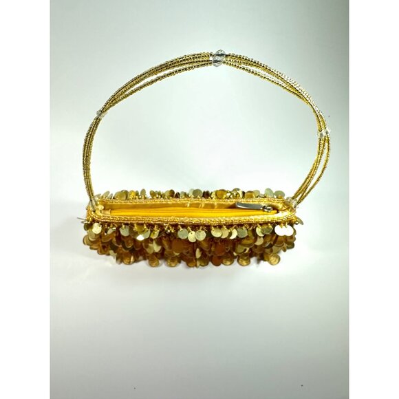 Gold Beaded Evening Handbag With Sequins & Drop Accents Beaded Handle Zipper Clo - Picture 3 of 7